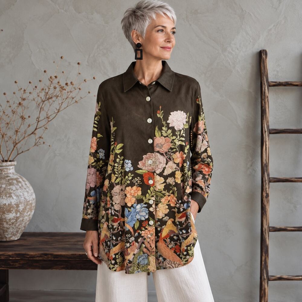 Multiples brown floral faux suede Long Sleeve  top Large